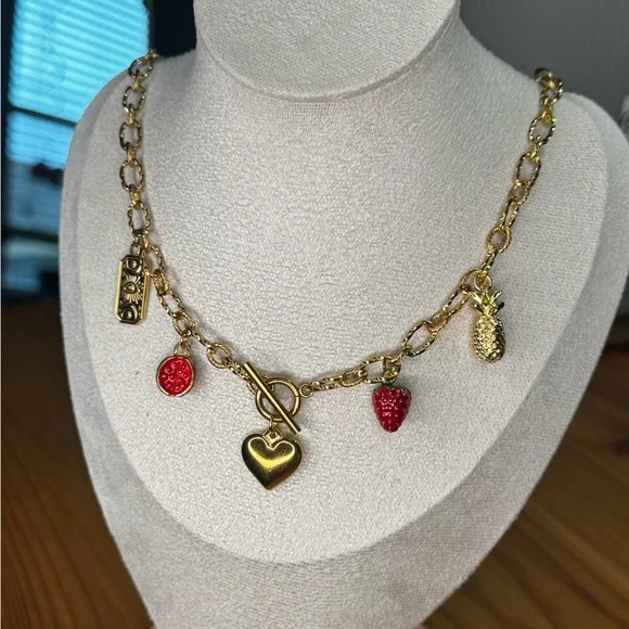 Gold Charm Necklace with Red Accents - Picture 4 of 4